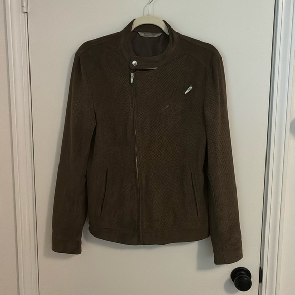 Zara Faux Suede Moto Jacket Mens Small Brown Perforated Full Zip Long Sleeve - Picture 1 of 5